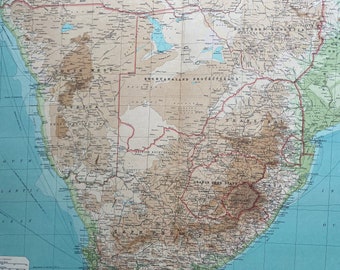 1922 SOUTH AFRICA Large Original Antique Times Atlas Physical Map - Zimbabwe - Mozambique - Namibia - Botswana - Rhodesia - Zambia