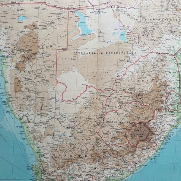 1922 SOUTH AFRICA Large Original Antique Times Atlas Physical Map - Zimbabwe - Mozambique - Namibia - Botswana - Rhodesia - Zambia