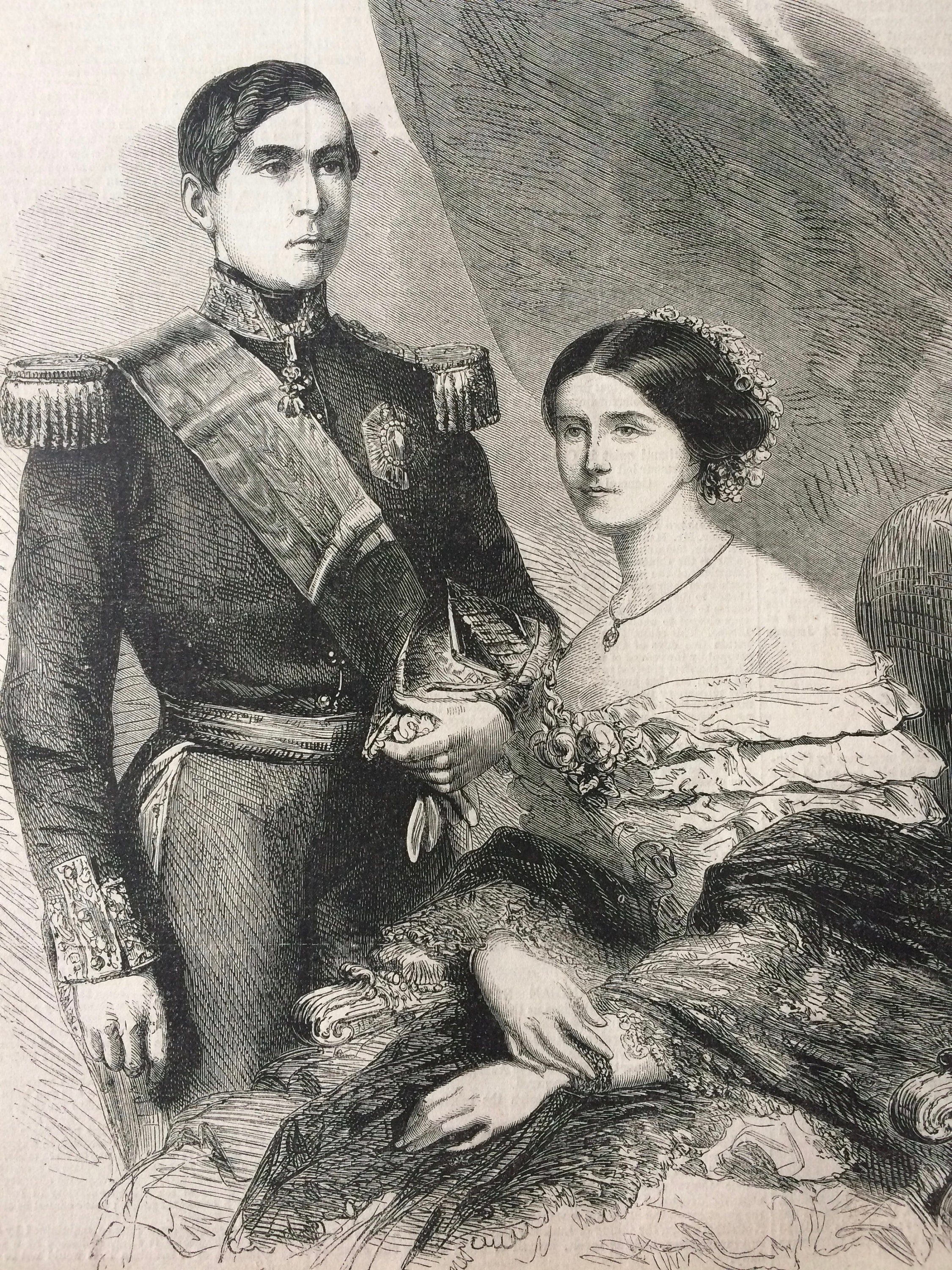 1858 The King and Queen of Portugal Original Antique Engraved Newspaper