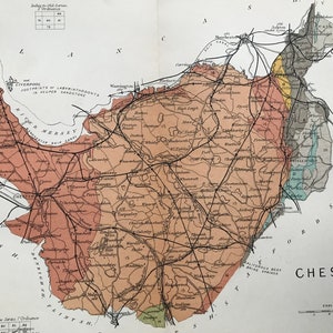 Petite carte géologique originale du Cheshire de 1913 - Devon - carte du comté du Royaume-Uni - géologie - disponible encadrée