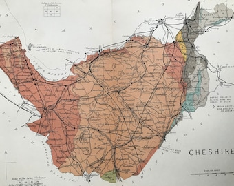 1913 Cheshire Original Antique Small Geological Map - Devon - UK County Map - Geology - Available Framed