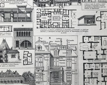 1897 House Plans and  Architecture Original Antique Print - Architect Gift - Mounted and Matted - Available Framed