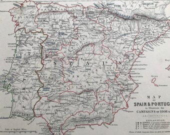 1875 Spain and Portugal illustrating campaigns of 1808 Original Antique Map - Battle Map - Military History - Available Framed