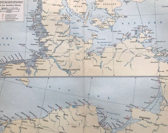 1896 Rescue Stations on the German Coast Original Antique Map - Available Framed - Cartography - Germany