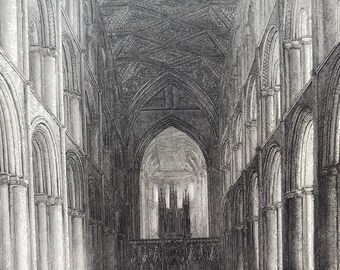 1838 Peterborough Cathedral - The Nave Original Antique Engraving - Architecture - Mounted and Matted - Available Framed