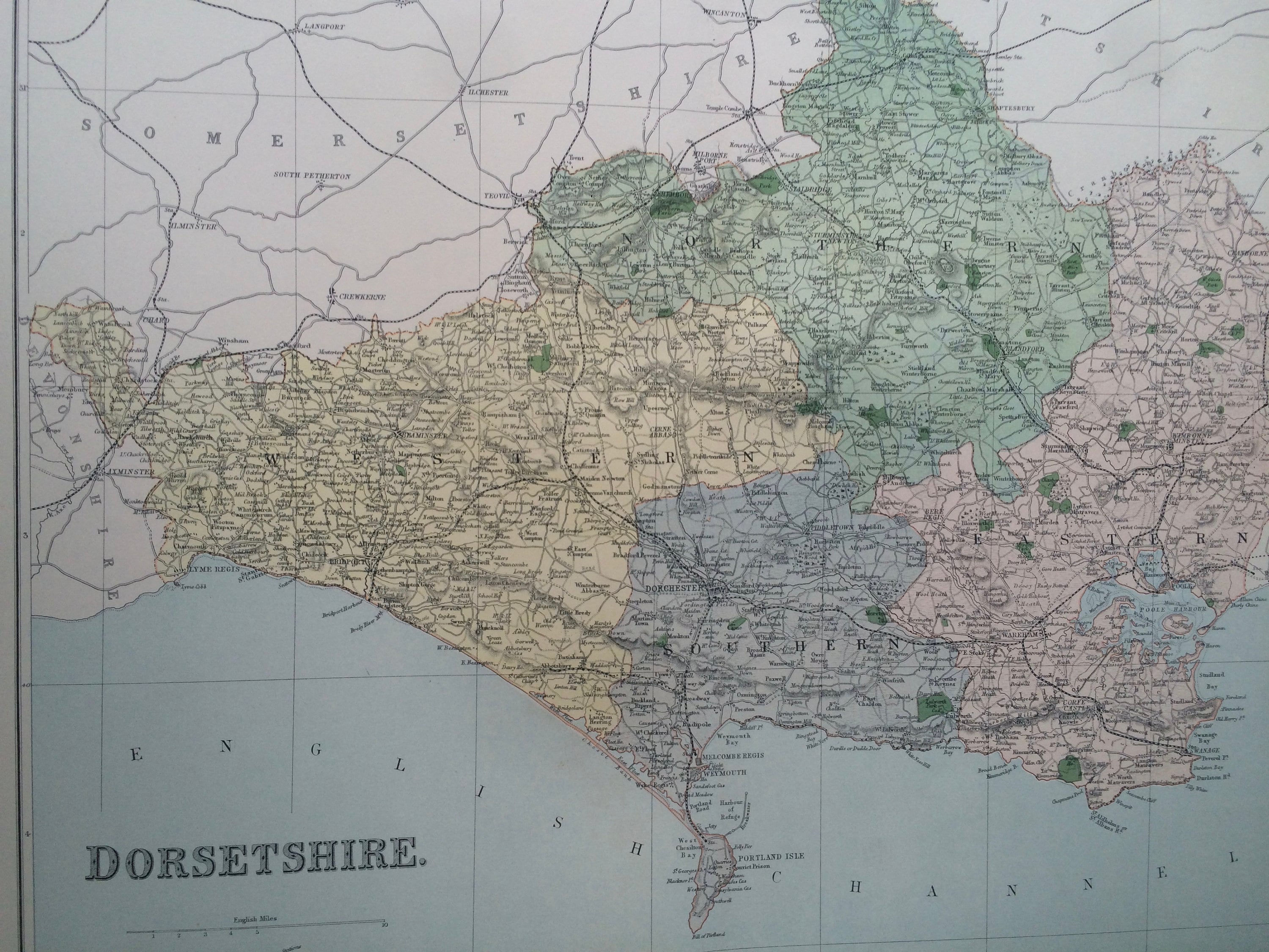 1868 Dorsetshire Large Original Antique Map showing railways, roads