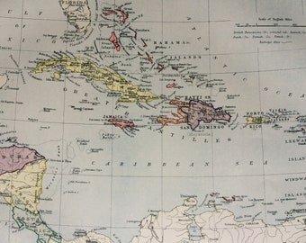 1875 West Indies Original Antique Map - Caribbean, Central America, Jamaica, Haiti, Barbados, Trinidad - Available Matted and Framed
