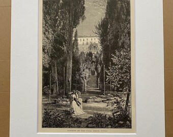 1876 Gardens of the Villa D'Este Tivoli Original Antique Wood Engraving - Mounted and Matted - Landscape Art - Italy - Available Framed