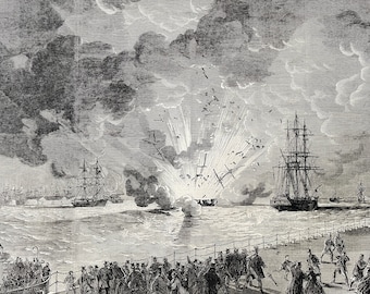 1864 Explosion on board the Barque Lottie Sleigh, laden with Gunpowder in the Mersey Original Antique Engraving - Available Framed