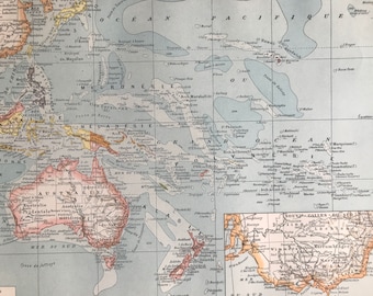 1897 Oceania Original Antique Map - Australia - New Zealand - Micronesia - Pacific Islands - Mounted and Matted - Available Framed