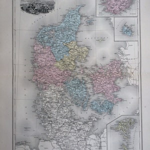 1892 Dänemark Original antike Karte, Nouvel Atlas Illustre, französische Atlaskarte, Geographie, Kartographie, historische Karte
