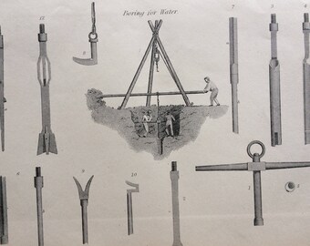 1880 Boring Tools Original Antique Steel Engraving - Victorian Technology - Boring for Water - Industry - Encyclopaedia Illustration