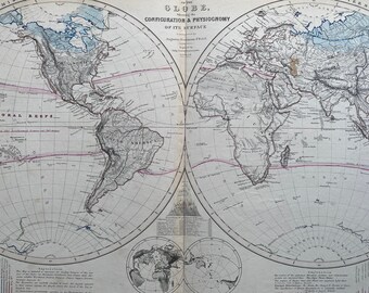 1853 Original Antique World Map - Orographical Map of the Globe showing the Configuration & Physiognomy of its surface