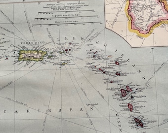 1903 West Indies - Lesser Antilles Original Antique Map with inset maps of Jamaica and British Guiana - Puerto Rico, Guadeloupe, Trinidad