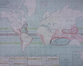 1871 Original Antique World Map  showing the distribution of Constant, Periodical and Variable Winds - Weather - Meteorology - Hurricane