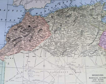 1901 MOROCCO, ALGERIA & TUNISIA Original Antique Map, 11 x 14.5 inches, Home Decor, Cartography, Geography, Vintage Decor