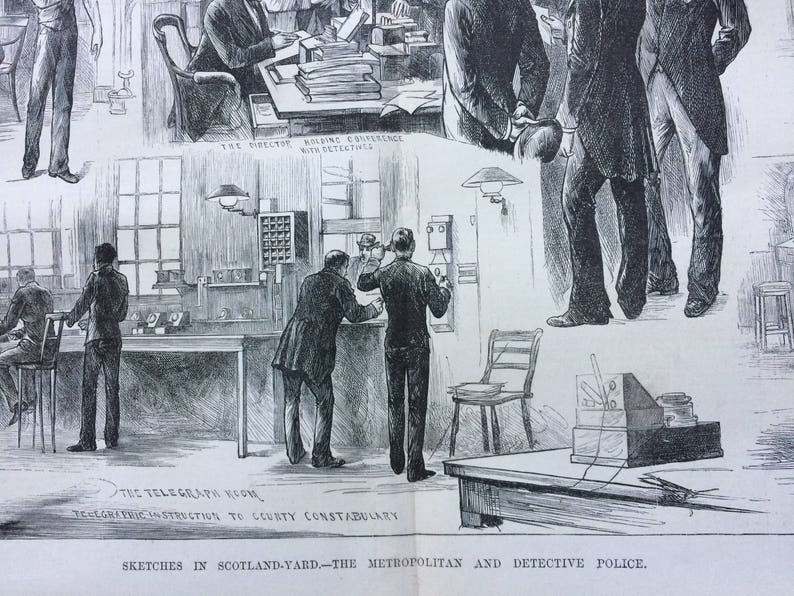 1883 Sketches in Scotland Yard London Police The Metropolitan and Detective Police Large Original Antique Engraving Victorian Decor