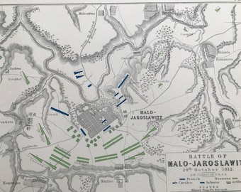 1875 Battle of Maro-Jaroslawitz, 1812 Original Antique Map - Napoleonic Wars - Battle Map - Military History - Available Framed