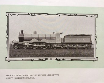 1902 Four Cylinder Four Coupled Express Locomotive - Great Northern Railway Original Antique Print - Mounted and Matted - Available Framed