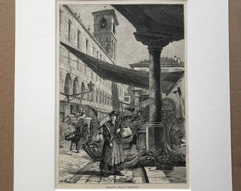 1876 Rialto Fruit Market, Venice Original Antique Wood Engraving - Mounted and Matted - Italy - Decorative Wall Art - Available Framed