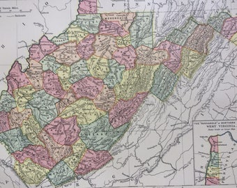 1875 West Virginia Original Antique Map - Available Matted & Framed - US State Map - WV - United States - Gift Idea - Vintage Wall Map