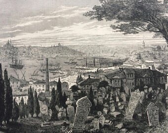 1877 View of Constantinople, showing the Turkish Admiralty Buildings Original Antique Engraved Newspaper Illustration, Istanbul, Turkey