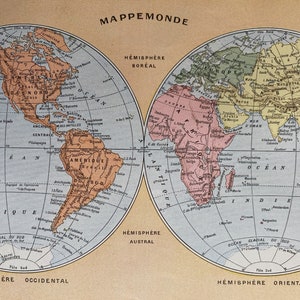 1923 World in Hemispheres Original Antique Map - Mounted and Matted - Available Framed