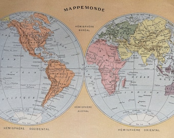 1923 World in Hemispheres Original Antique Map - Mounted and Matted - Available Framed
