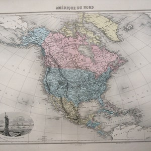 Carte ancienne originale de l'Amérique du Nord de 1892, Nouvel Atlas Illustre, carte de l'atlas français, États-Unis, Canada, Mexique