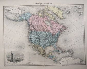 1892 North America Original Antique Map, Nouvel Atlas Illustre, French atlas map, USA, Canada, Mexico