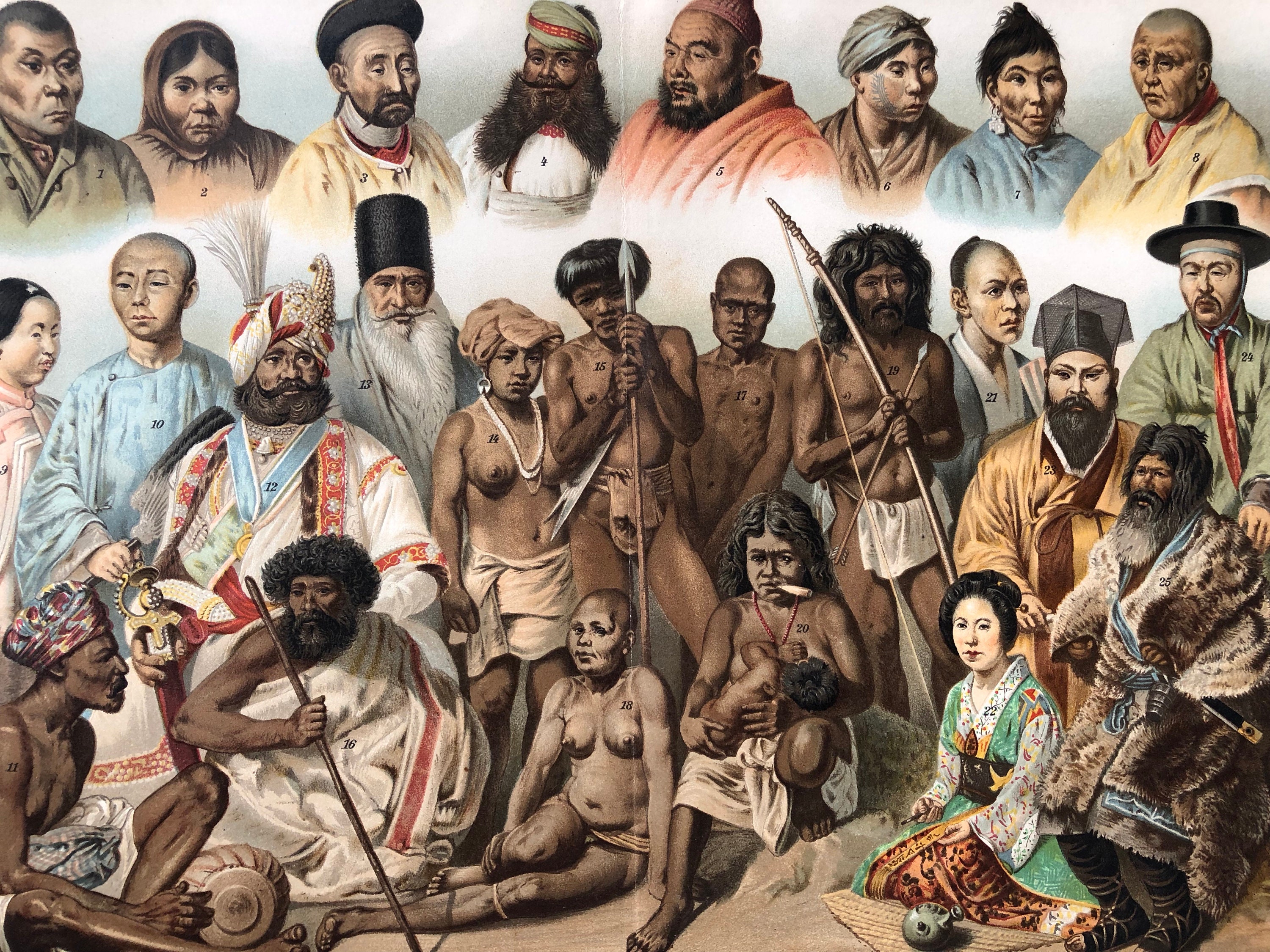 Люди древнего племени. Народ Тода. Древние азиаты на белом фоне.