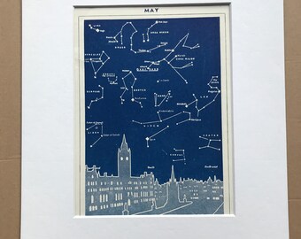 1940s May Star Map seen over Manchester Original Vintage Print - Mounted and Matted - Astronomy - Celestial Art - Available Framed