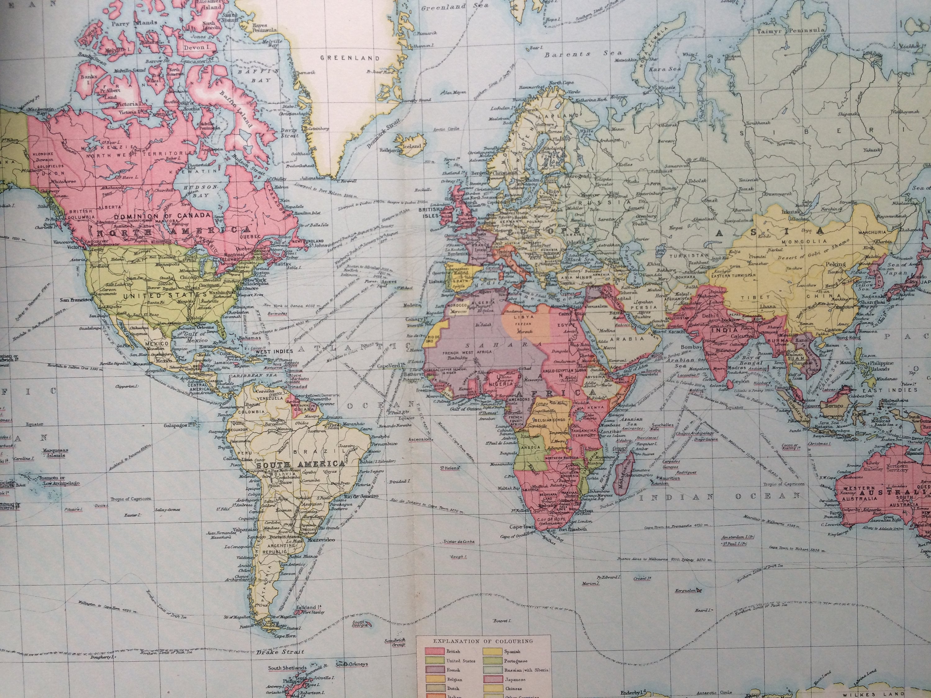 1922 Large Original Antique Times Atlas Political World Map on Mercator's Projection showing 