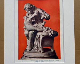 1930s Dr Jenner innoculating his own Son - Statue by J. Monte-Verde Original Vintage Print - Mounted and Matted - Available Framed