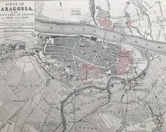 1875 Siege of Saragosssa by the French Army of Aragon Original Antique Map - Battle Map - Military History - Available Framed