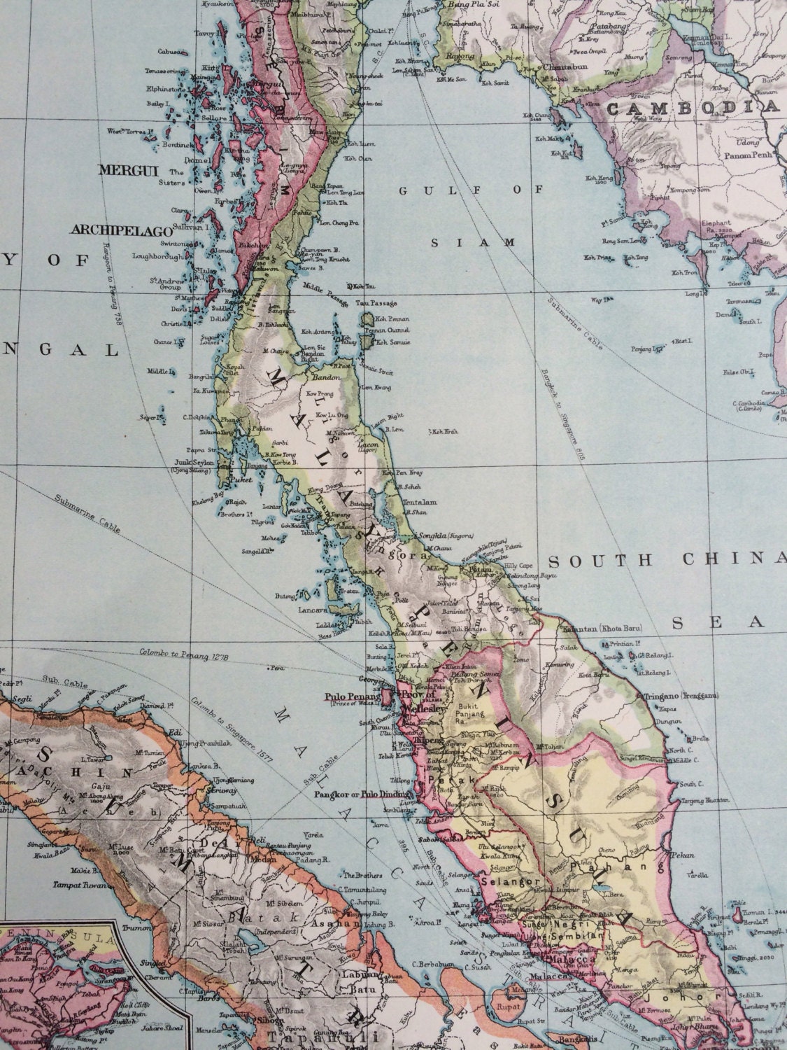 1903 The Malay Peninsula Original Antique Map, 10 x 15.5 inches, Harmsworth map, Malaysia