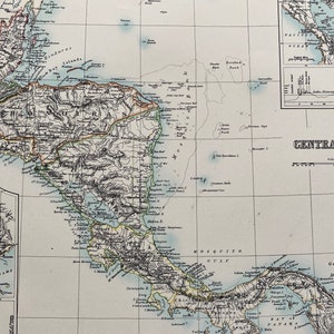 Grande carte noire A & C originale de l'Amérique centrale de 1898 avec des cartes du lac Nicaragua et du canal de Panama - Décoration murale - Idée cadeau