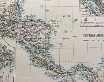 1898 Central America Large Original Antique A & C Black Map with inset maps of Lake Nicaragua and the Panama Canal - Wall Decor - Gift Idea