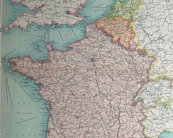 1922 FRANCE, BELGIUM & HOLLAND Large Original Antique Times Atlas Political Map - Netherlands - Wall Decor - Western Europe