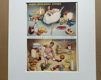 1940s Foods for Bodybuilding and Energy Original Vintage Print - Nutrition - Health - Retro - Mounted and Matted - Available Framed