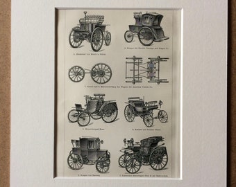 1898 Motor Cars Original Antique Lithograph - Mounted and Matted - Vehicle  - Vintage Wall Decor