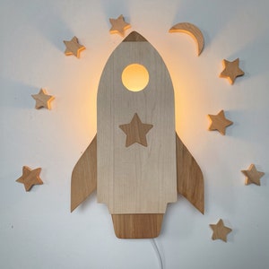 Wooden Rocket Wall Lamp - Add a Stellar Touch to Your Child's Room with a Wooden Rocket Wall Lamp - Handmade Space Decor and Night Light