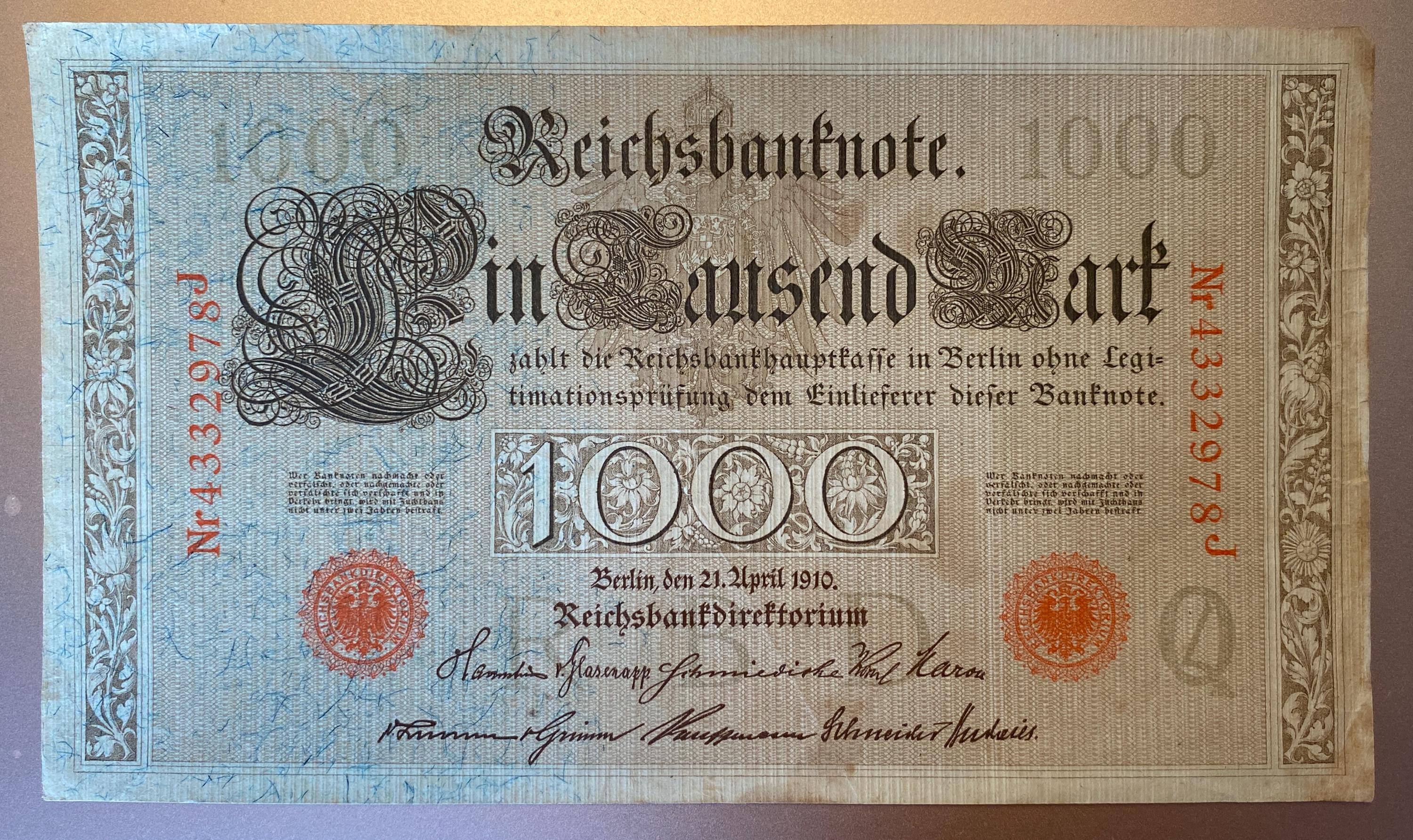 1910 German 1000 Mark Banknote Reichsbanknote Antique Currency ...