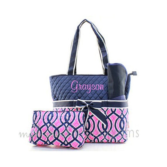 FREE MONOGRAM Quilted White /& Grey Chevron Print 3pc Diaper Bag
