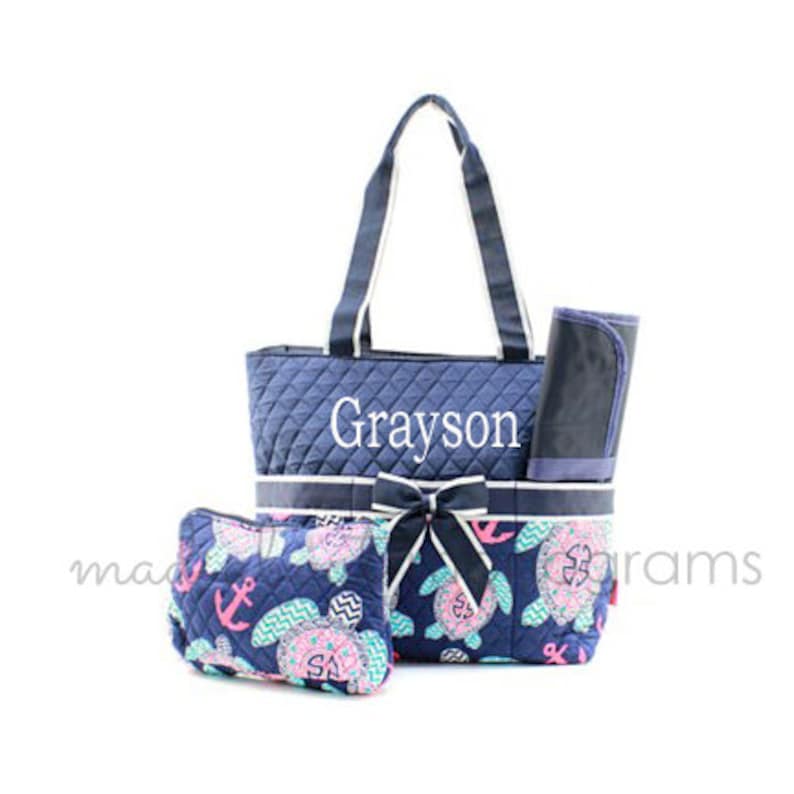 Baby Gift Navy Coral Mint FREE Custom Name Personalized Quilted SEA TURTLE Print 3pc Diaper Bag Set Changing Pad /& Tote Included