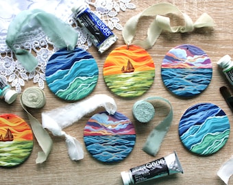 Hand-Painted Gouache & Ceramic Seascape Ornaments