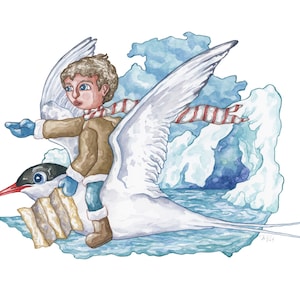 Viajes de charrán: Impresión artística de archivo — Niño montando un pájaro — Ilustración de aventura misteriosa — Arte infantil caprichoso