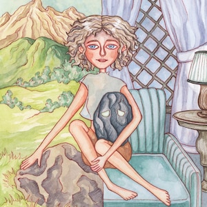 En casa con dolor: pintura de acuarela original — Reflexión ilustrada sobre el dolor crónico — Niña confinada en casa sosteniendo un pequeño fantasma oscuro