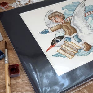 Viajes de charrán: Pintura original en acuarela — Niño cabalgando un pájaro — Ilustración de una aventura misteriosa — Arte infantil caprichoso