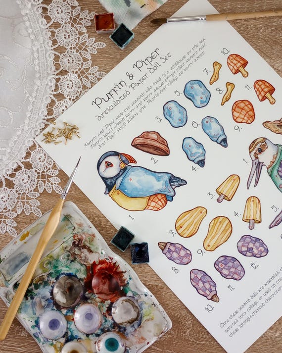 Watercolor Puffin & Piper Paper Doll Kit OR Fully Assembled Dolls:  Articulated Shorebird Characters